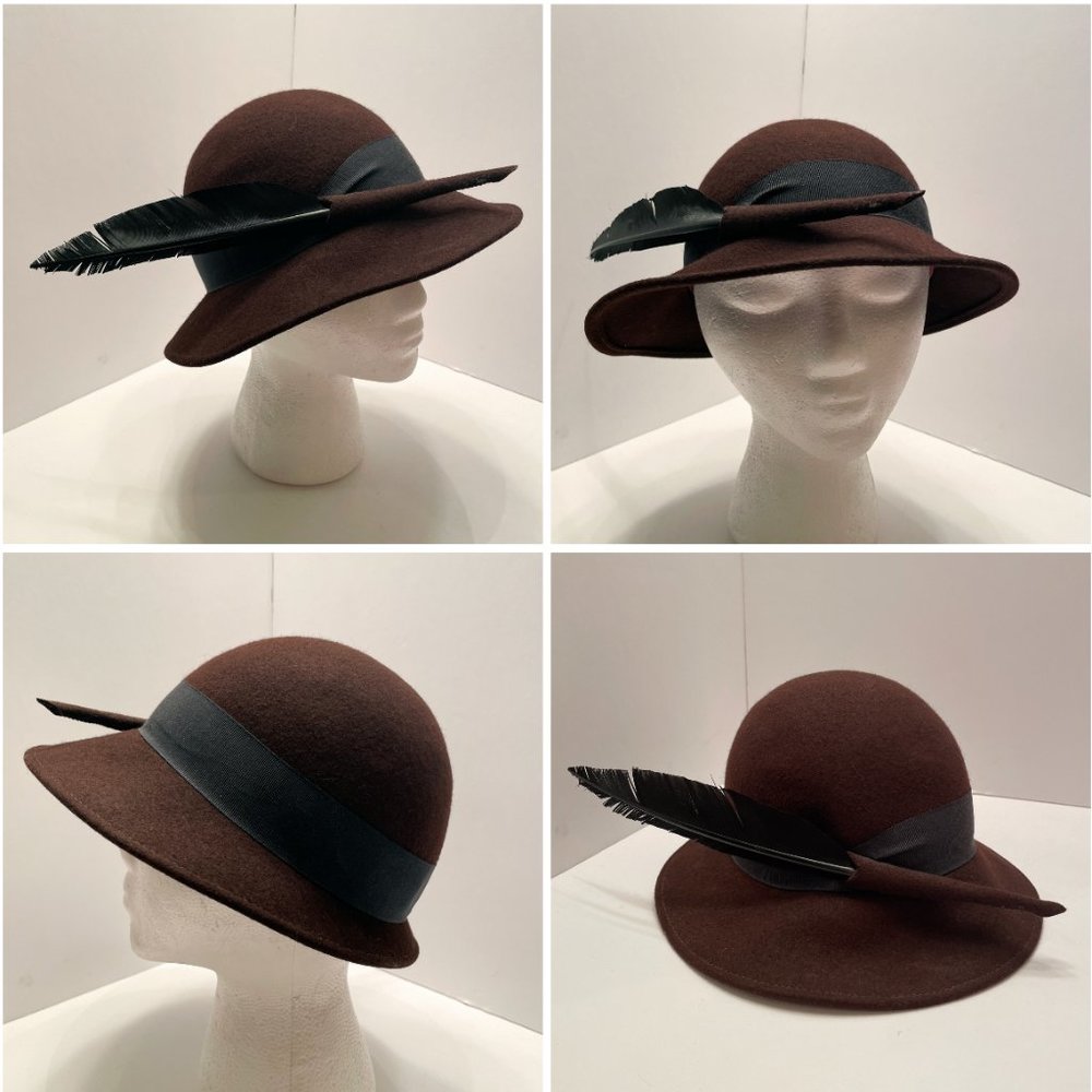 Vintage Frank Olive for Lord & Taylor Brown 100% Wool Cloche Hat with Feather